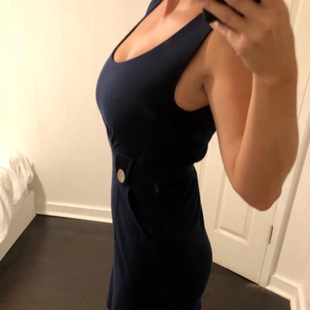 Classy Navy Blue Button Detail Tailored Dress